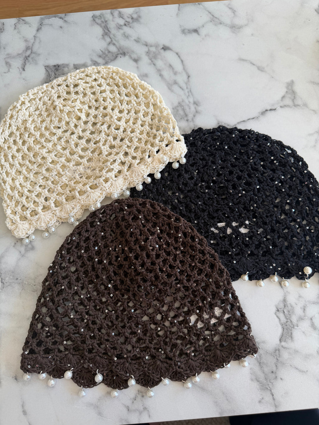 Bonnet crochet perle crème