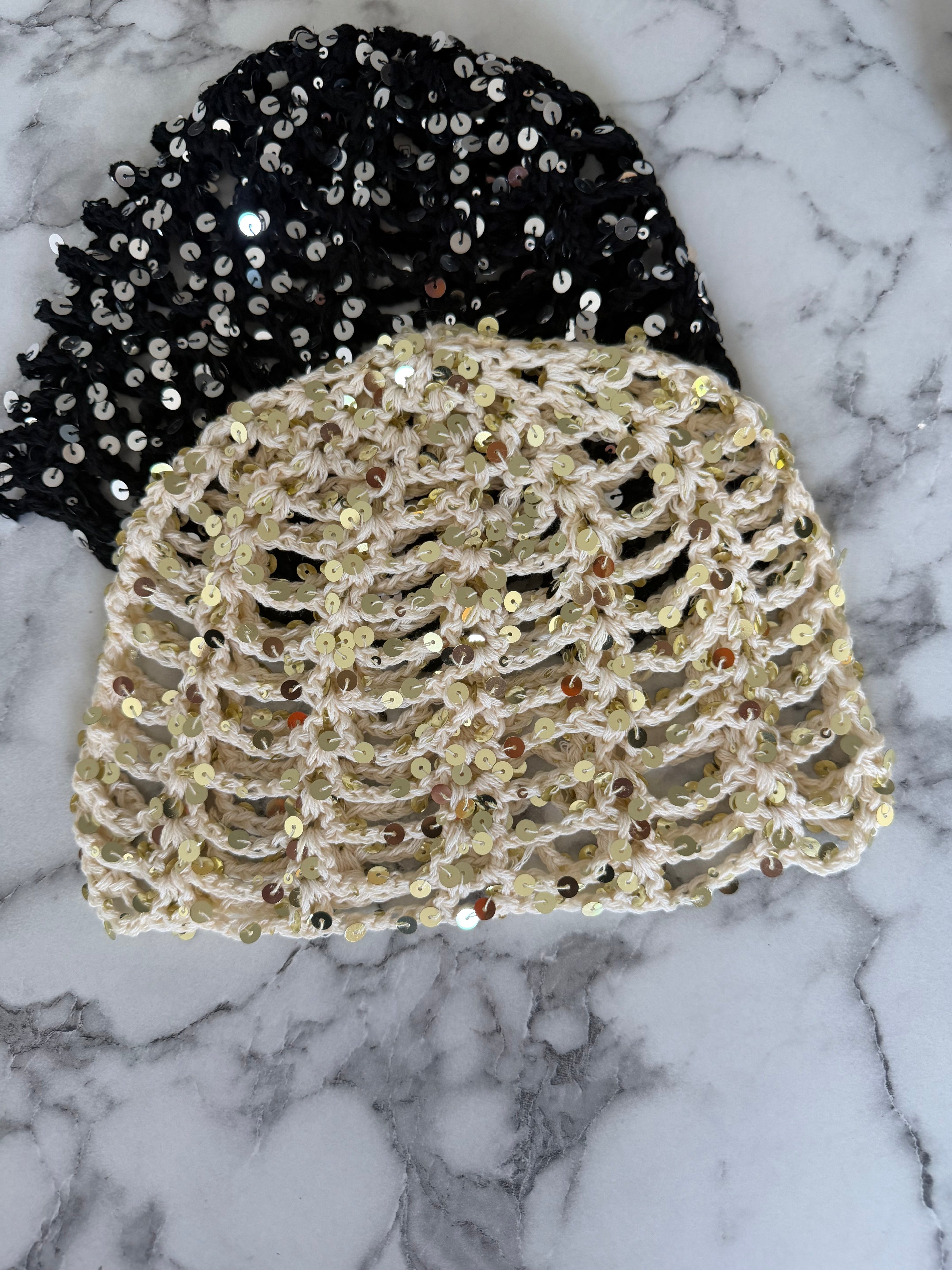 Bonnet crochet paillette beige