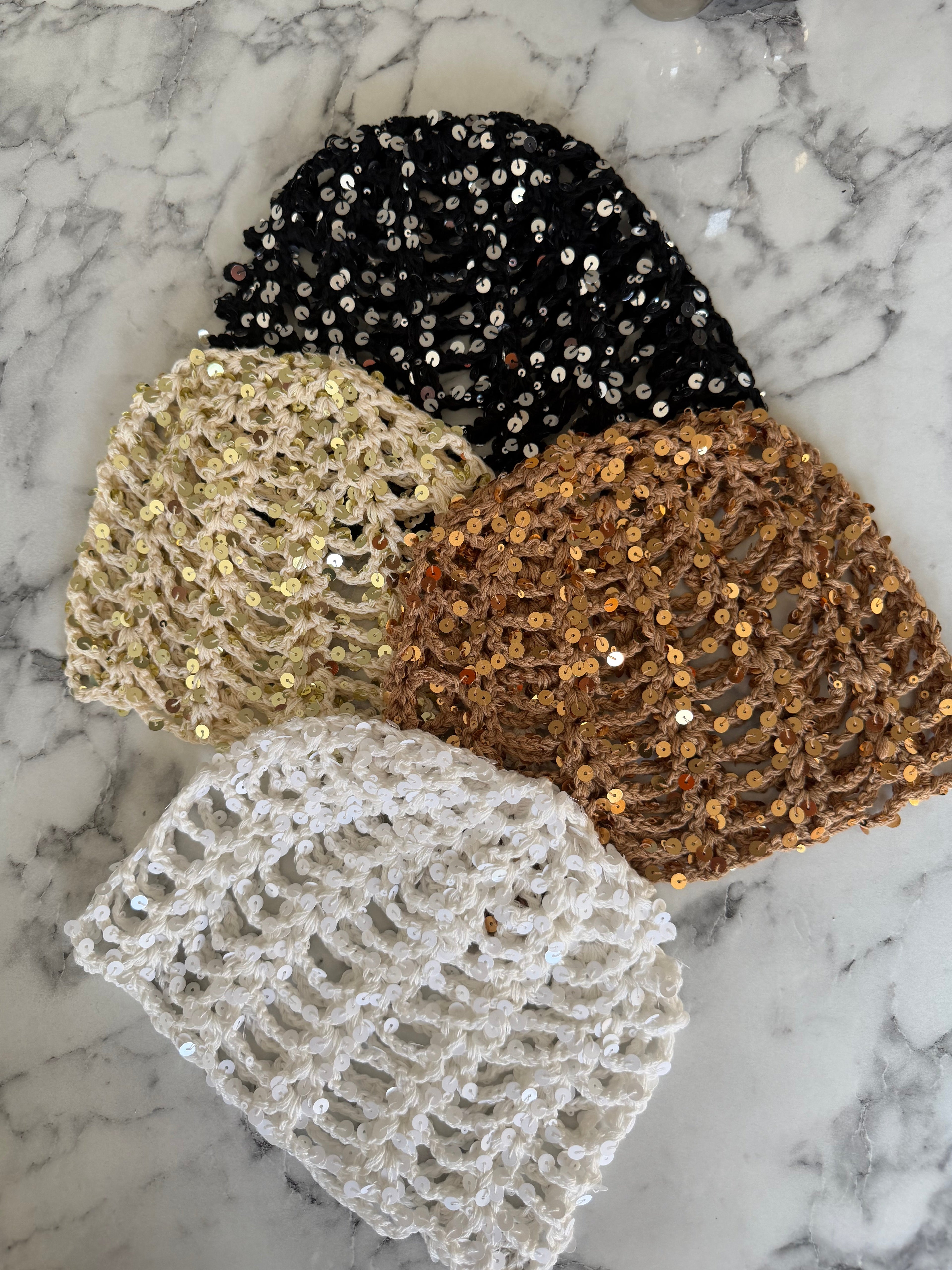 Bonnet crochet paillette camel