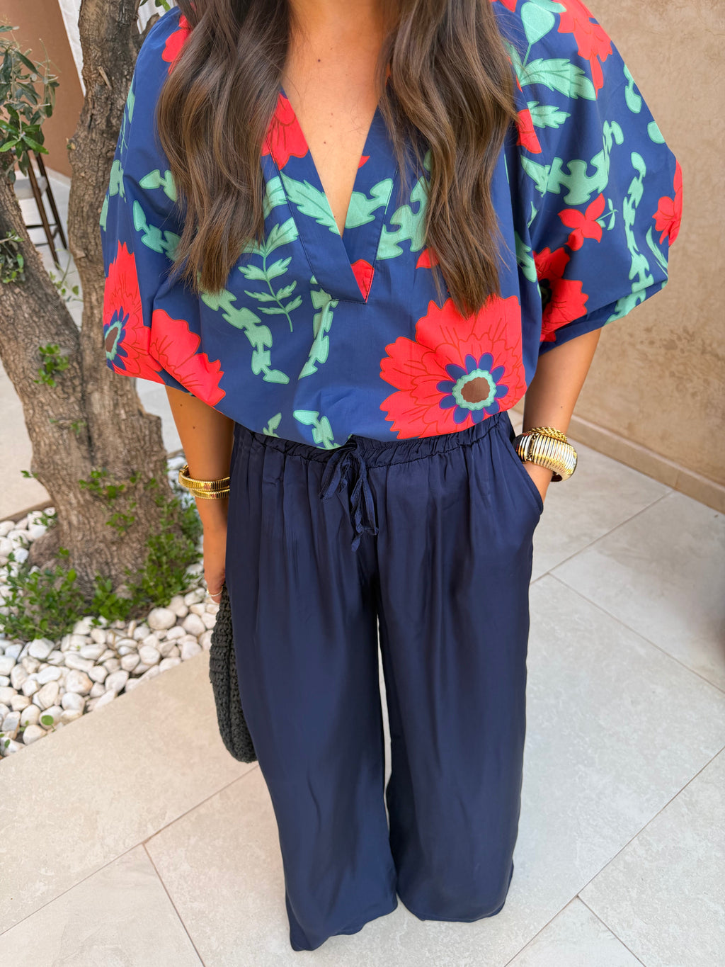Pantalon satiné uni bleu marine