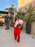 Pantalon satiné uni rouge
