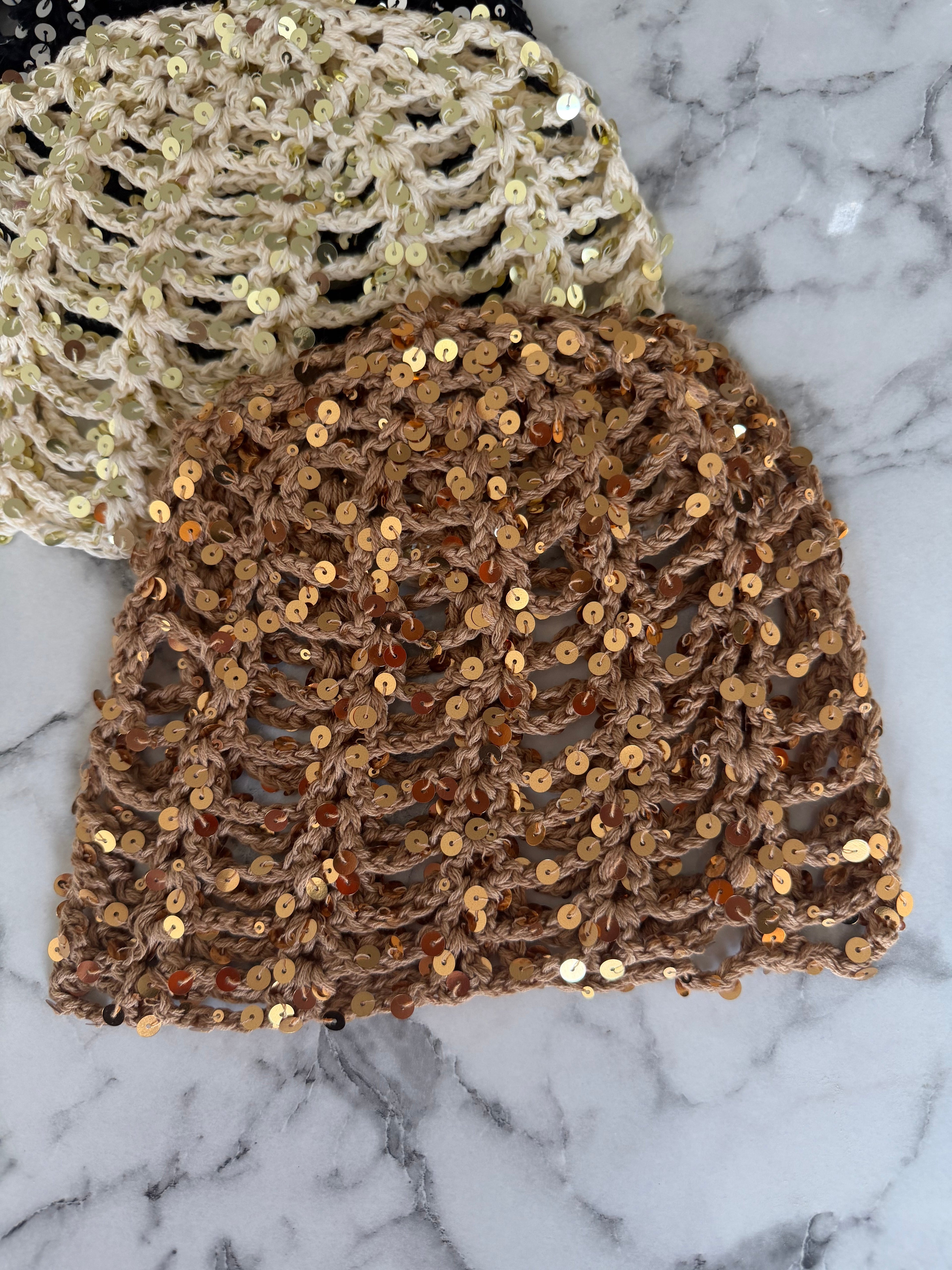 Bonnet crochet paillette camel
