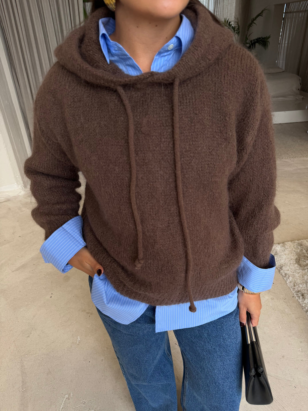 Pull mohair marron capuche  (24141)